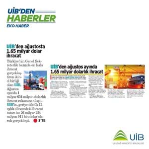 UİB'DEN AĞUSTOS AYINDA 1.65 MİLYAR DOLARLIK İHRACAT