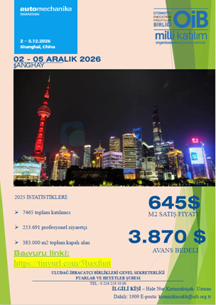 AUTOMECHANIKA SHANGHAI 2026 FUARI MİLLİ KATILIM ORGANİZASYONU